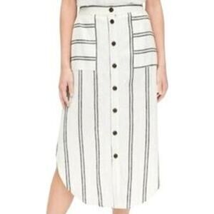 Gap Linen Midi Skirt Striped Button Front Pocket High Waist White Black 2 NWT